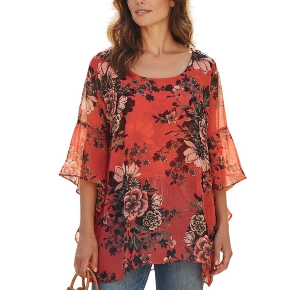 Style & Co Floral Sheer Top Womens Medium Coral Pink Lightweight Pullover Blouse